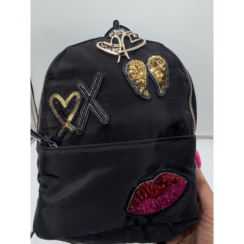 Victoria's Secret Mini Backpack Black Nylon Sequin Angel WingsXO Lips Heart Logo - Picture 7 of 11